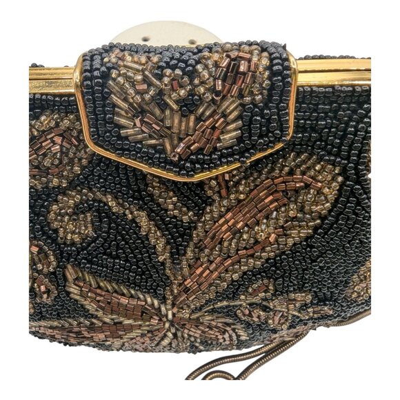Vintage Beaded Evening Clutch With Metal Hideaway Strap 50-60s Style Black Gold - Picture 6 of 12